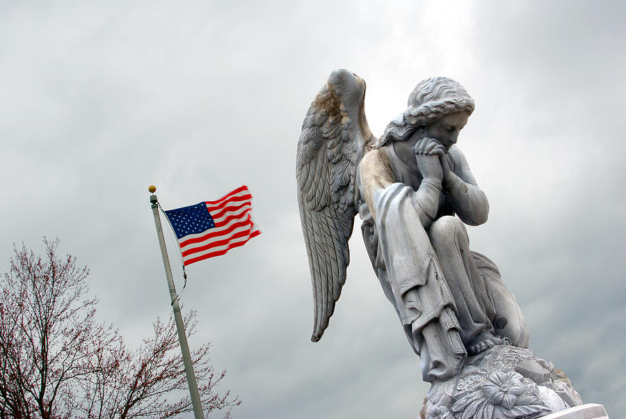 Jesus Christ Photograph - American Flag and Angel Fairview Cemetery Jasper Indiana 2008 #2 by John Hanou