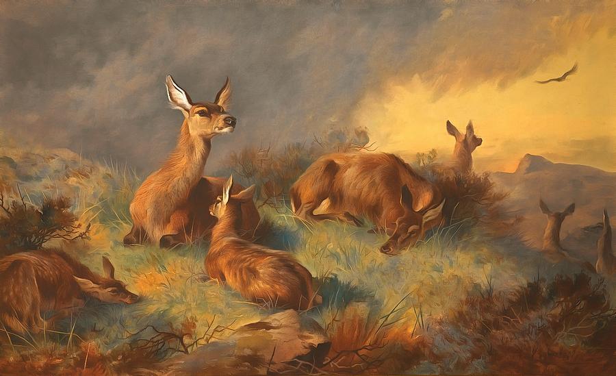The Watchful Hinds Deer Painting by Archibald Thorburn