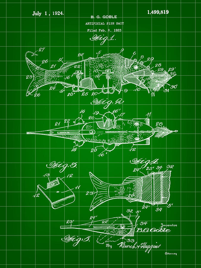 Fish Digital Art - Artificial Bait Patent 1923 - Green by Stephen Younts