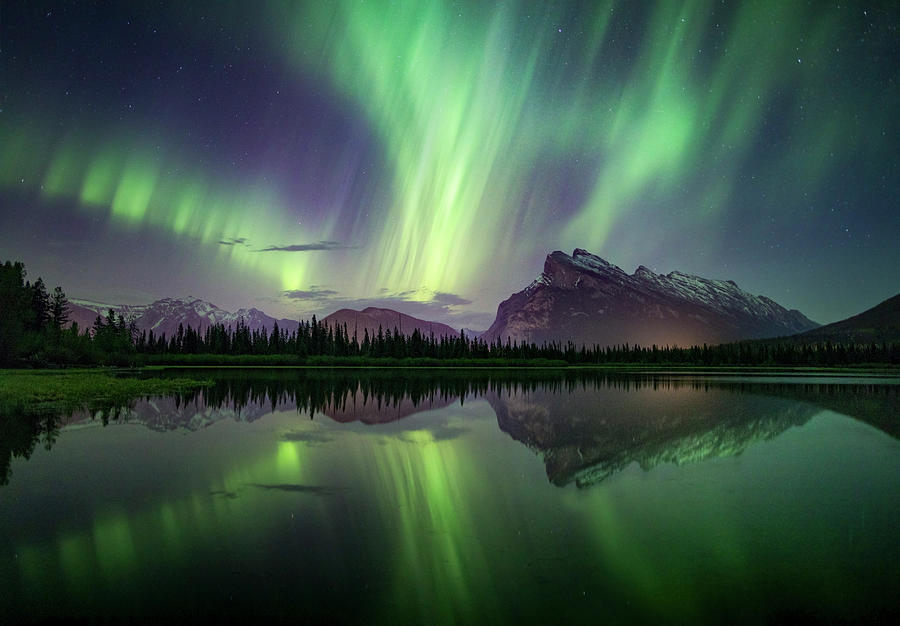 Aurora Borealis Over Lake And Mountains Photograph By Paul Zizka