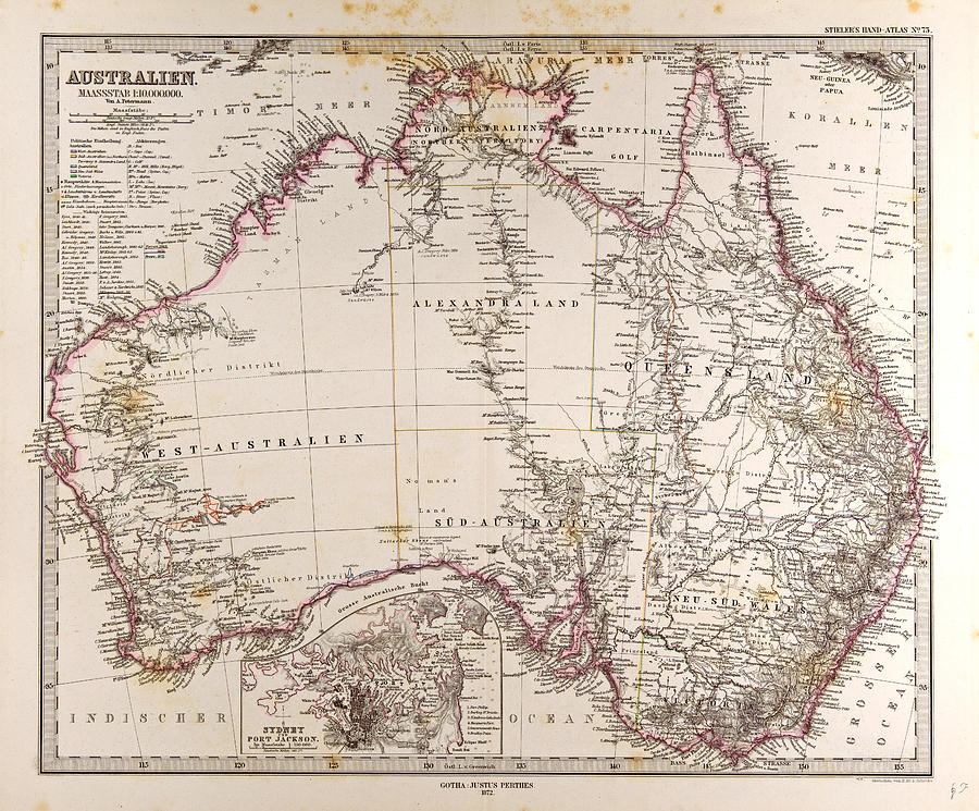 Australia Map Gotha Justus Perthes 1872 Atlas Drawing by Australian ...