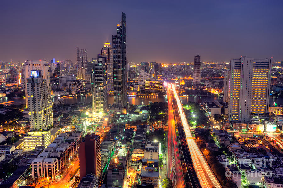 Transportation Photograph - Bangkok City night skyline #2 by Fototrav Print