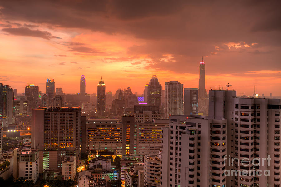 Sunset Photograph - Bangkok city skyline at sunset #2 by Fototrav Print