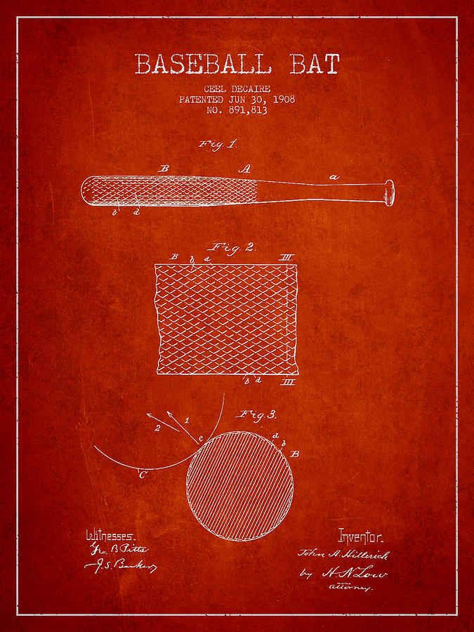Baseball Bat Patent Drawing From 1904 Digital Art