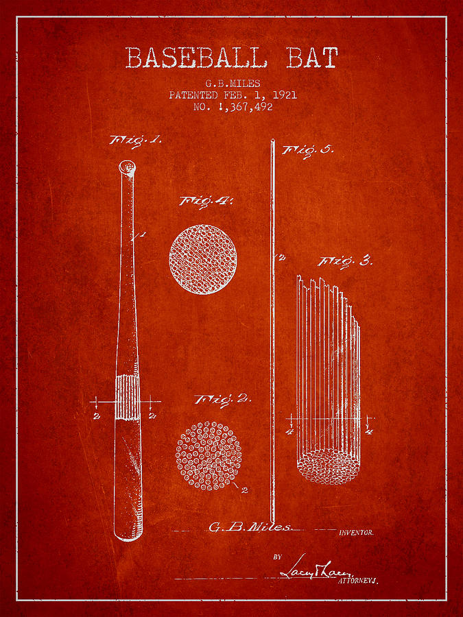 Baseball Bat Patent Drawing From 1921 Digital Art