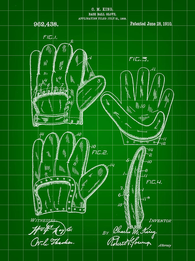 Baseball Glove Patent 1909 - Green Digital Art by Stephen Younts