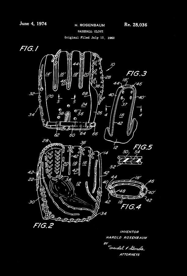 Vintage Drawing - Baseball Glove Patent 1974 #2 by Mountain Dreams