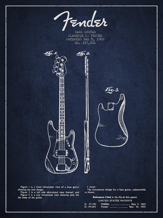 Bass Digital Art - Bass Guitar Patent Drawing from 1960 #1 by Aged Pixel