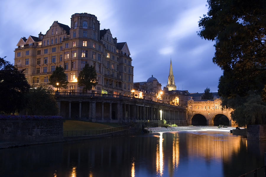 Bath City Spa viewed over the River Avon at night Photograph by Mal ...