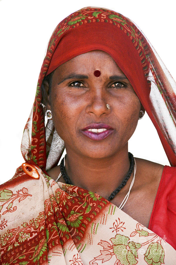 Beautiful Rajastan Indian Woman In Red Sari And Flowered Scarf