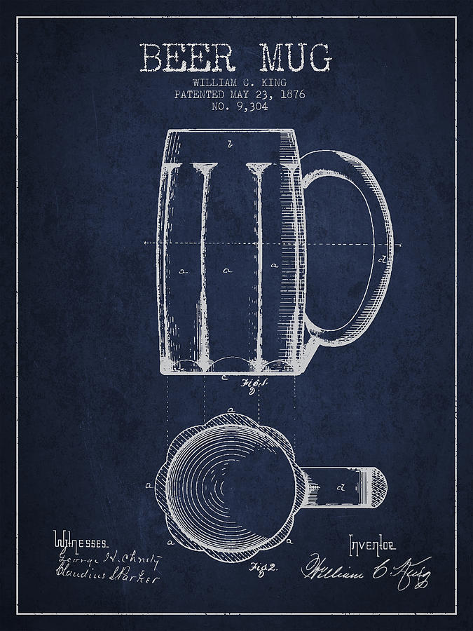 Beer Digital Art - Beer Mug Patent from 1876 - Navy Blue by Aged Pixel