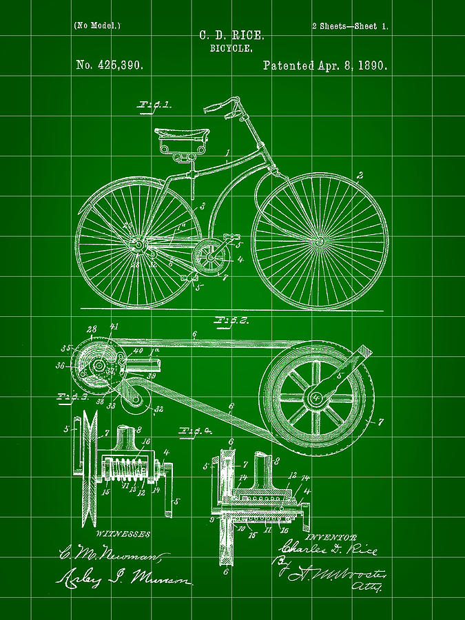Bicycle Patent 1890 - Green Digital Art by Stephen Younts