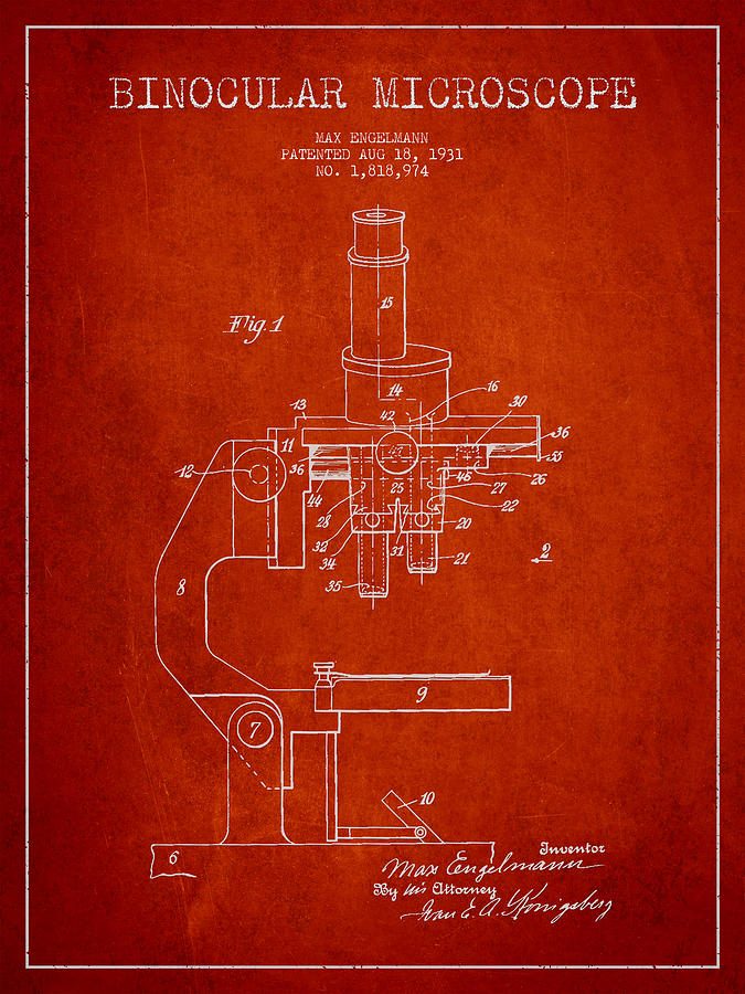 Vintage Digital Art - Binocular Microscope Patent Drawing from 1931 - Red by Aged Pixel