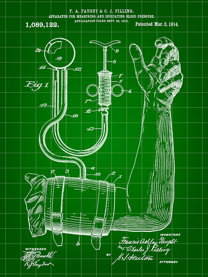 Blood Pressure Apparatus Patent 1910 - Green Digital Art by Stephen Younts