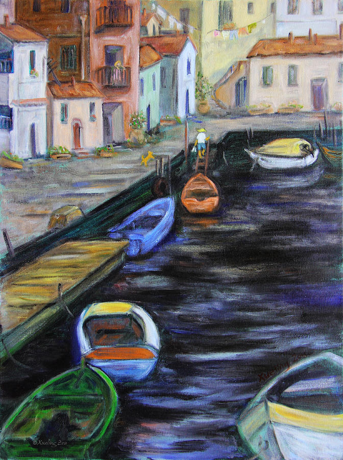 Boats in front of the Buildings III Painting by Xueling Zou