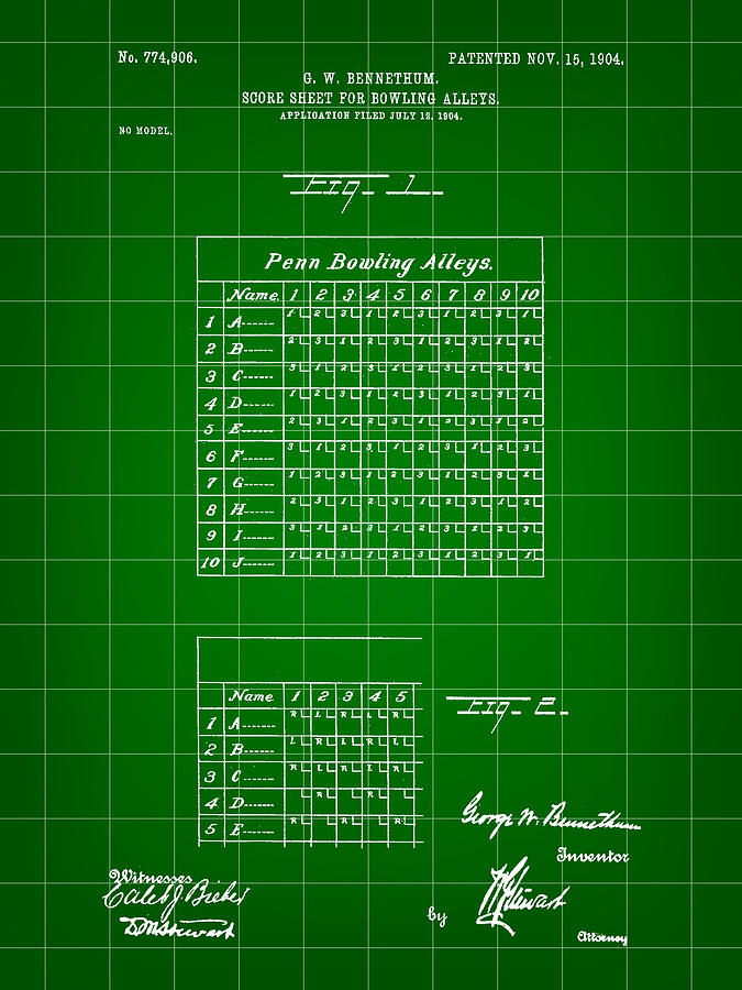 Bowling Score Sheet Patent 1904 - Green Digital Art by Stephen Younts
