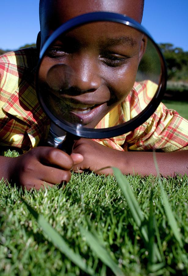 Boy Using A Magnifying Glass #2 Photograph by Ian Hooton/science Photo Library