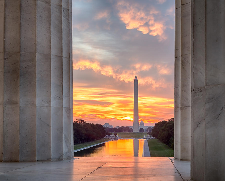 Brilliant sunrise over reflecting pool DC Photograph by Steven Heap