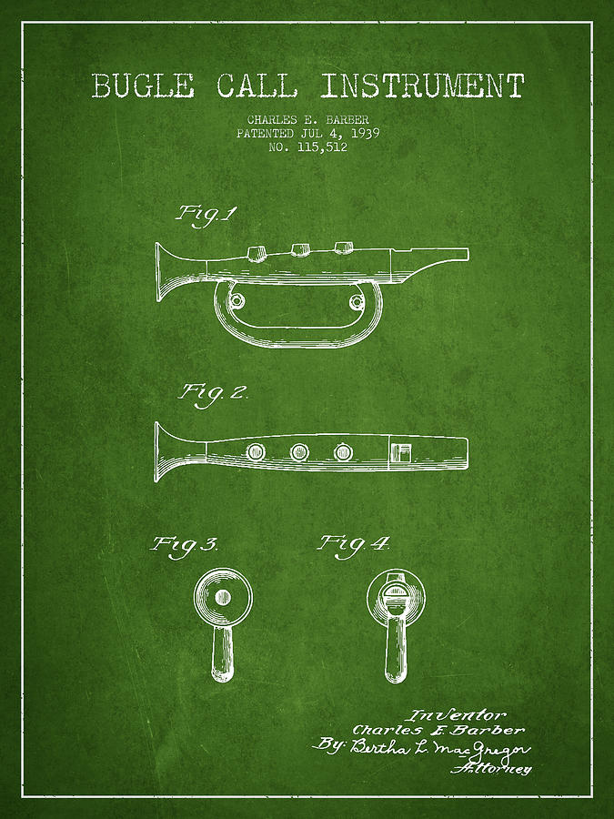Bugle Call Instrument Patent Drawing From 1939 - Green Digital Art
