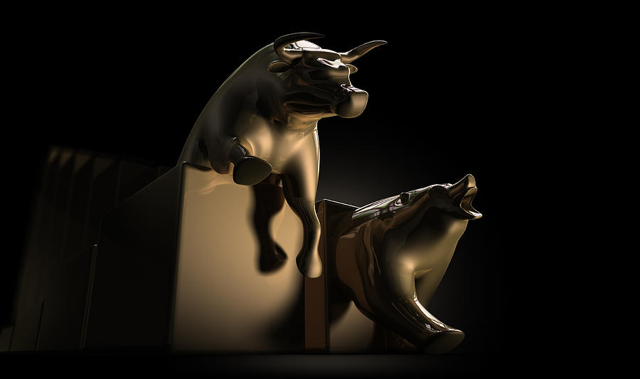 Abstract Digital Art - Bull And Bear Stock Market Statues #2 by Allan Swart