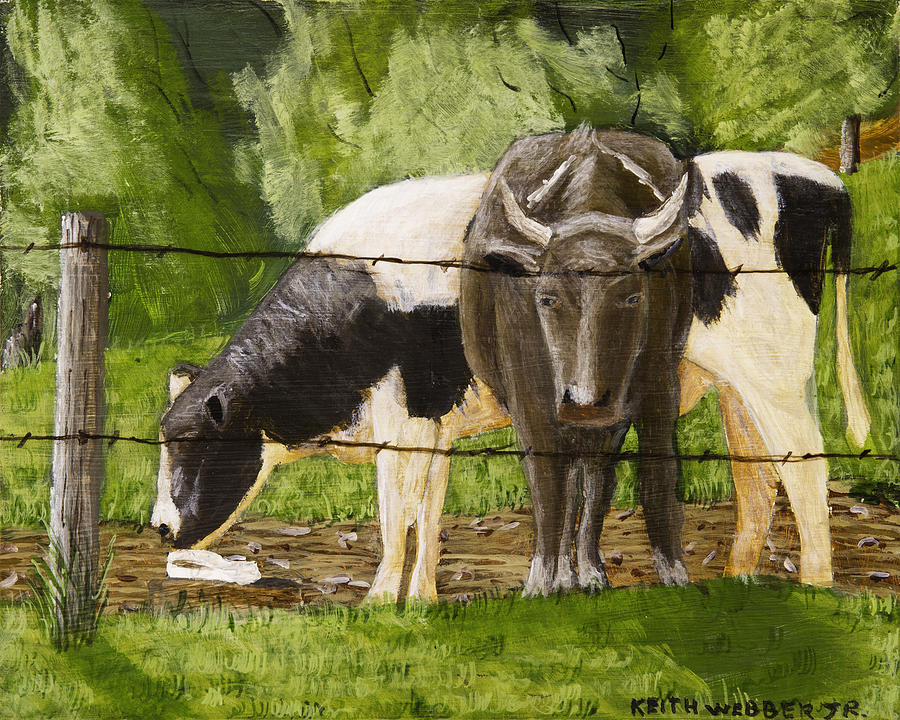 Bull And Cow Spring Farm Field  Painting by Keith Webber Jr