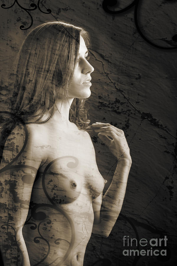 Black And White Photograph - Bust or breast and nipples of a Nude girl or woman showing her c #2 by Kendree Miller