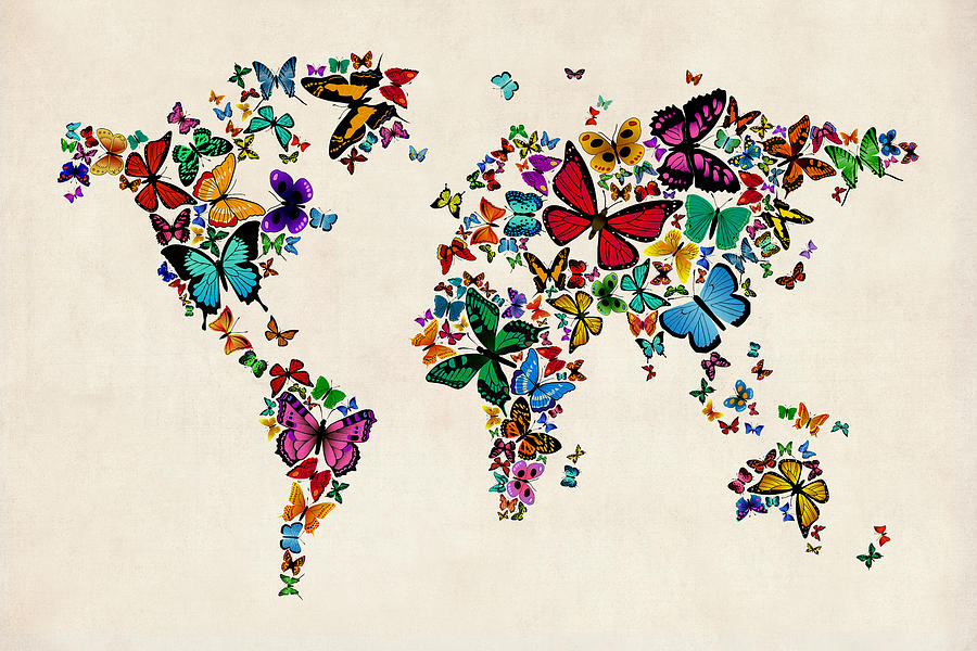 Butterflies Map of the World #2 Digital Art by Michael Tompsett