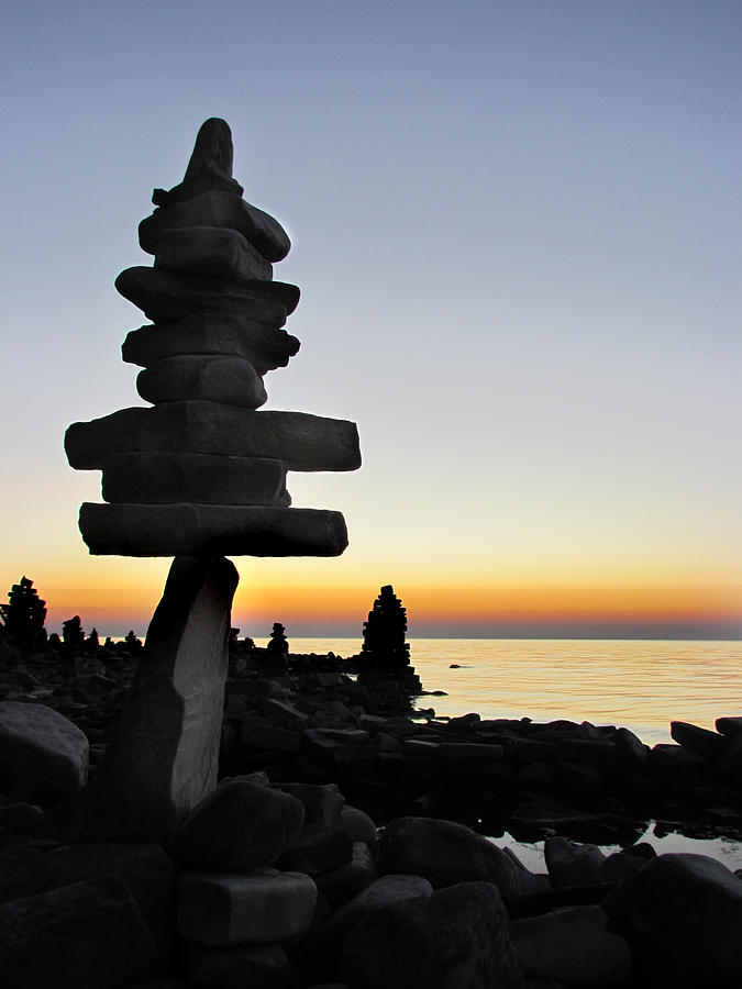 Cairns at Sunset at Door Bluff Headlands #1 Photograph by David T Wilkinson