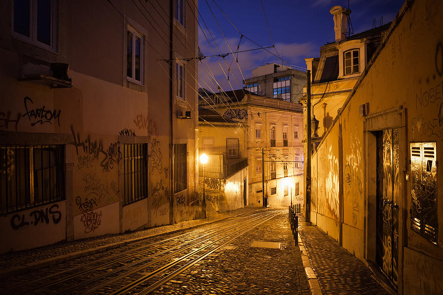 Calcada da Gloria Street at Night in Lisbon #2 Photograph by Artur Bogacki