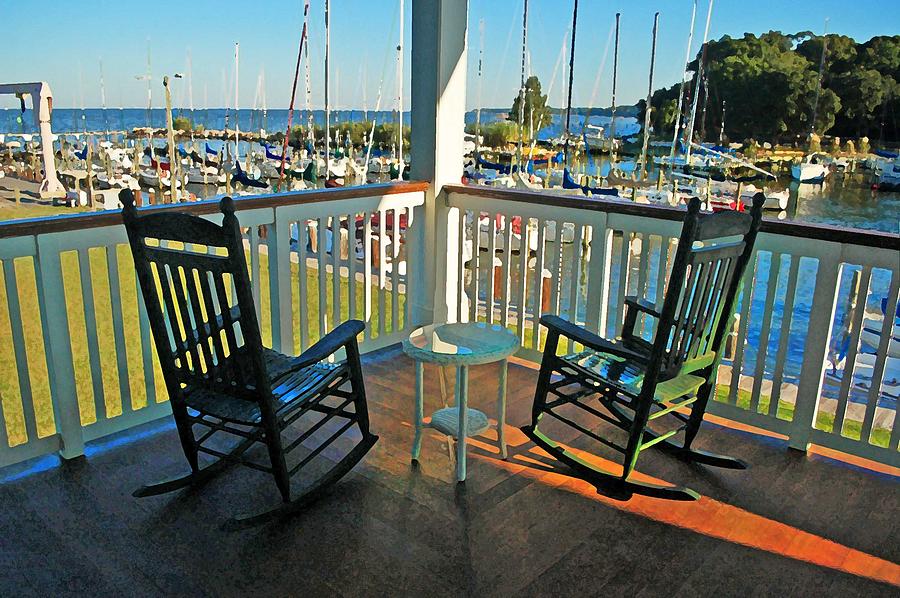 2 Chairs on the Fairhope Yacht Club Porch Digital Art by Michael Thomas