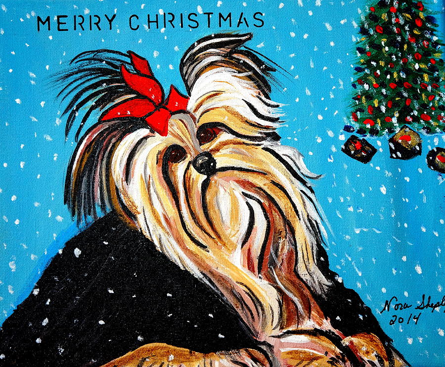 Yorkie Christmas Painting by Nora Shepley