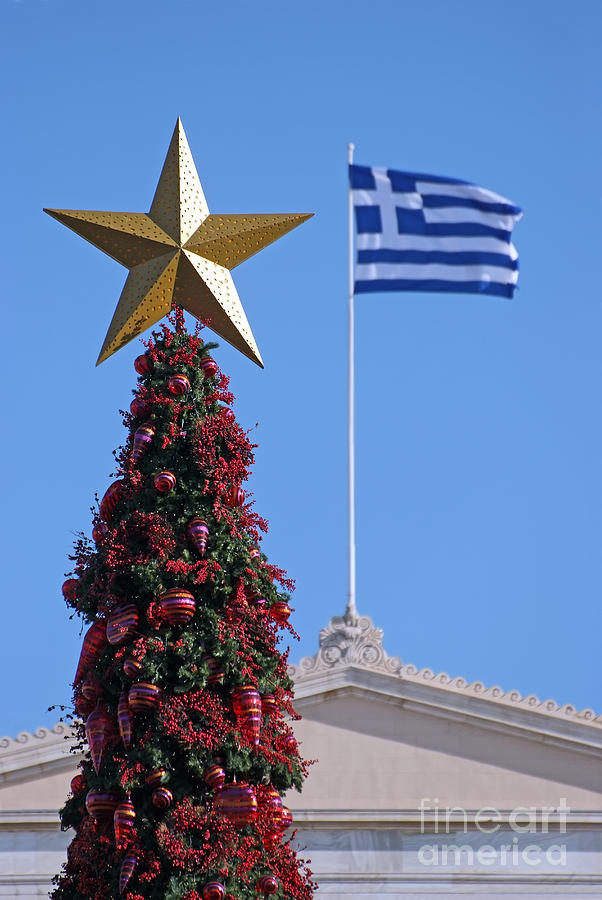 Greek Photograph - Christmas tree and Greek flag #2 by George Atsametakis