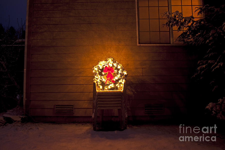 Christmas wreath on lawn chairs with snow #2 Photograph by Jim Corwin