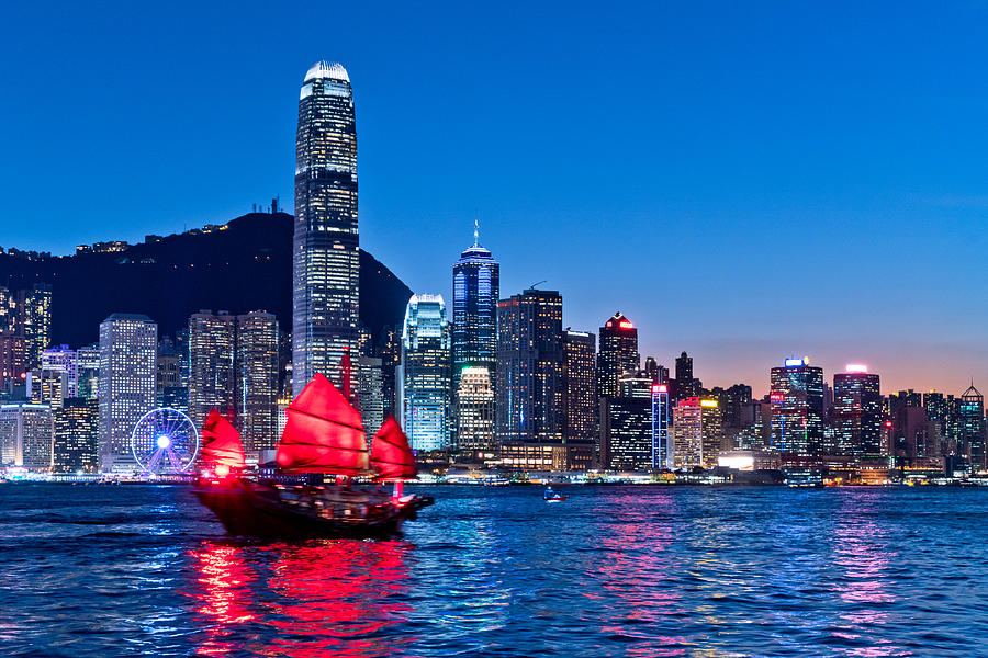 Cityscape Hong Kong and Junkboat at Twilight #2 Photograph by Nikada