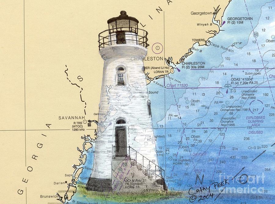 Lighthouse Painting - Cockspur Island Lighthouse GA Nautical Chart Map Art Cathy Peek by Cathy Peek
