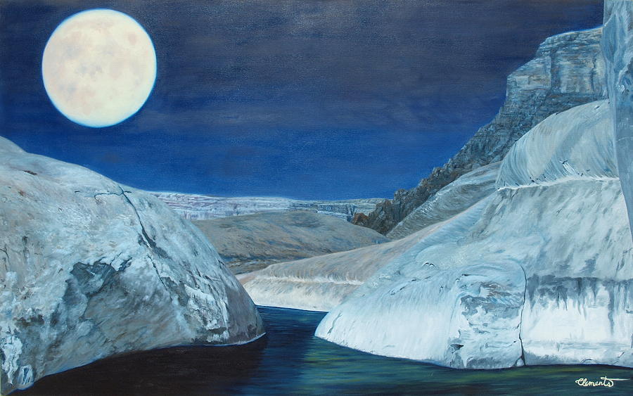 Desert Painting - Cold water passage beneath full moon by Barbara Barber