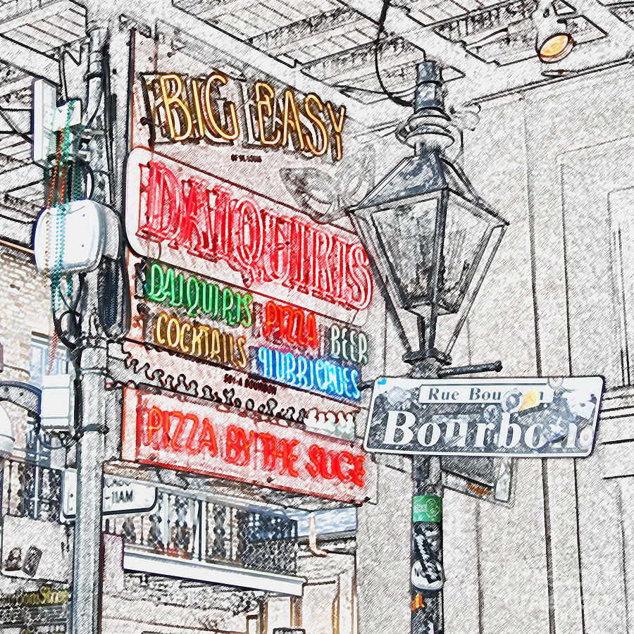 Colorful Neon Sign on Bourbon Street Corner French Quarter New Orleans Colored Pencil Digital Art #2 Photograph by Shawn OBrien