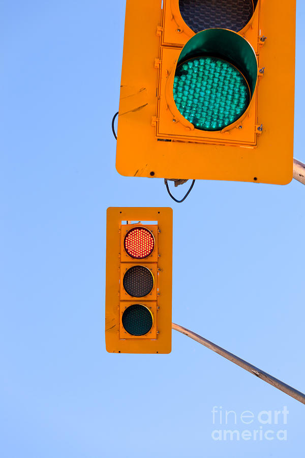 Transportation Photograph - Confusing green red traffic lights sky copyspace #2 by Stephan Pietzko