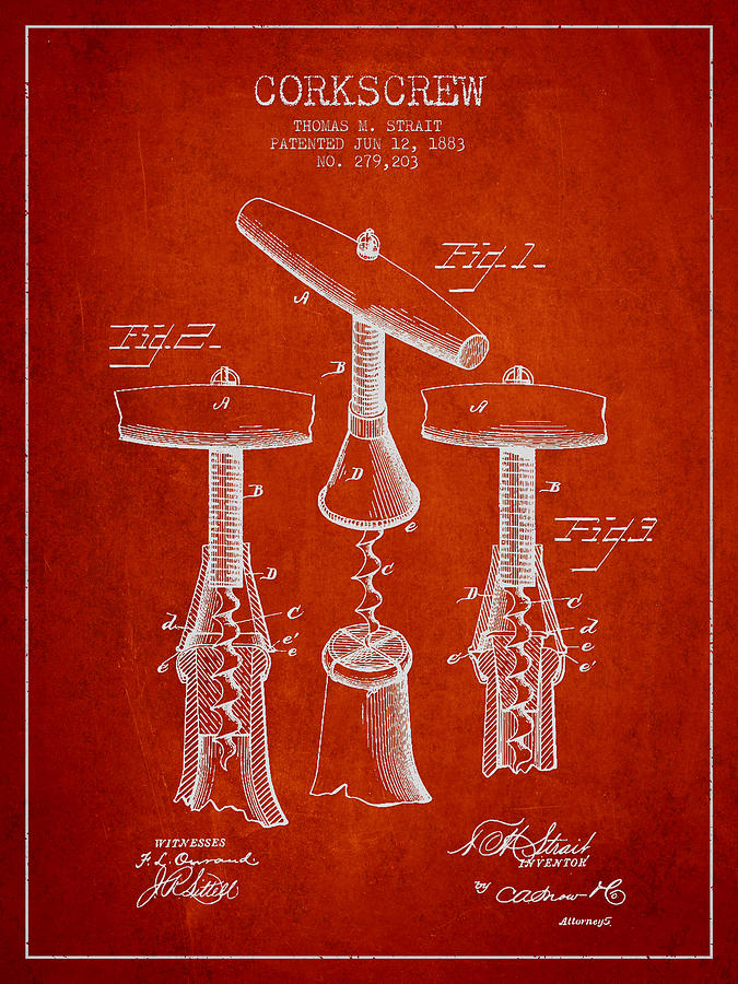 Wine Digital Art - Corkscrew patent Drawing from 1883 #1 by Aged Pixel
