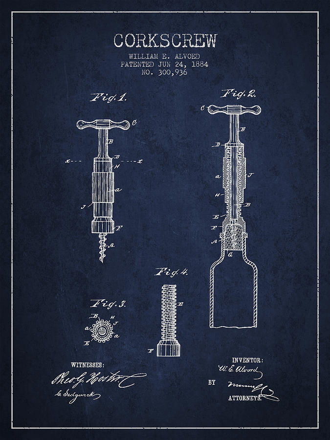 Wine Digital Art - Corkscrew patent Drawing from 1884 #1 by Aged Pixel