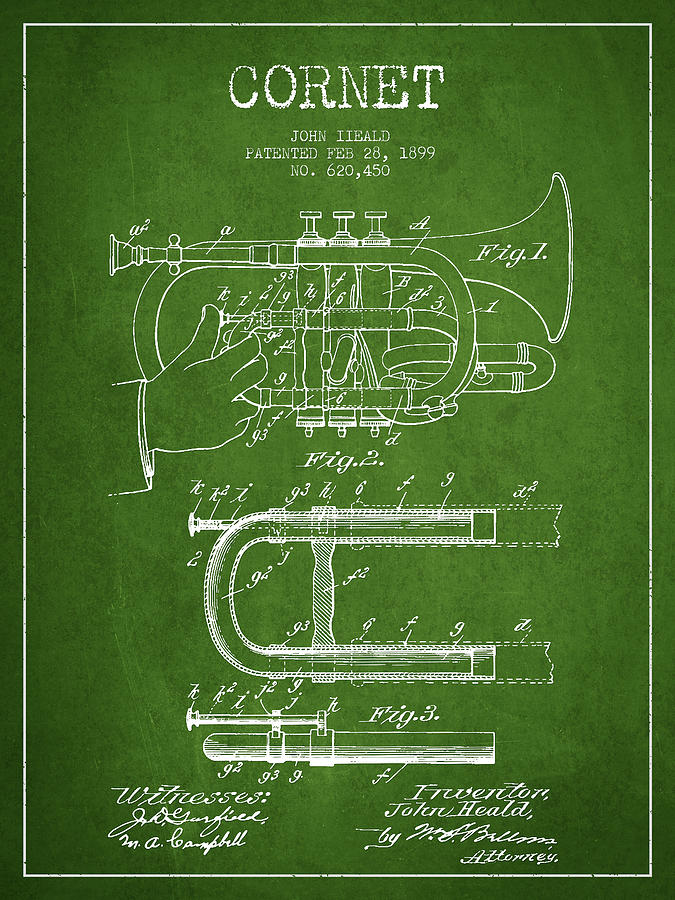 Cornet Patent Drawing From 1899 - Green Digital Art
