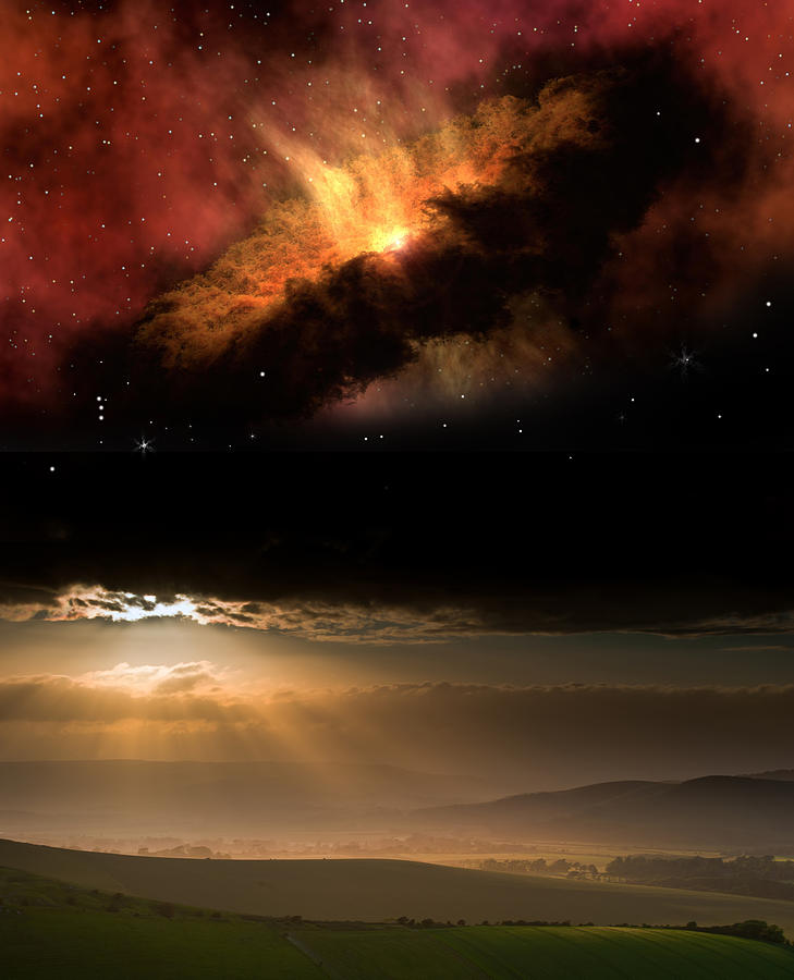 Interstellar Photograph - Countryside sunset landscape with planets in night sky Elements  #2 by Matthew Gibson