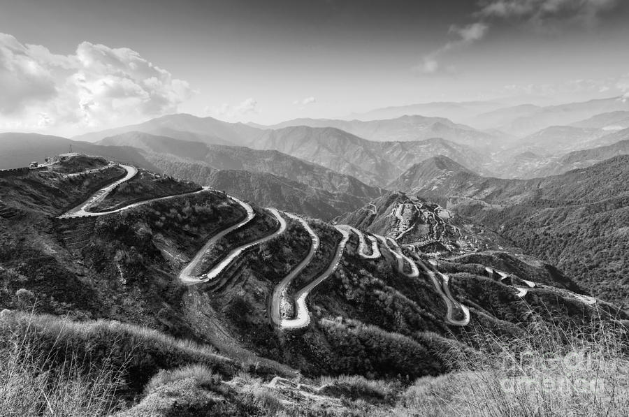 Black And White Photograph - Curvy roads Silk trading route between China and India #2 by Rudra Narayan  Mitra