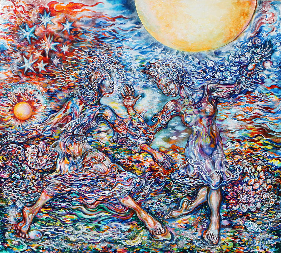 Dancing Under a Yellow Moon Painting by Susan Schiffer.