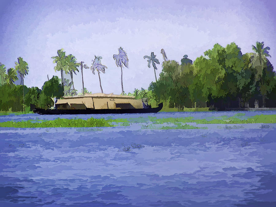 Boat Digital Art - Digital Oil Painting - A houseboat on its quiet sojourn through the backwaters #2 by Ashish Agarwal