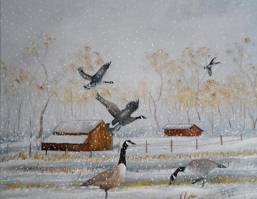 Canada Geese Painting - Dining Out by Al  Johannessen