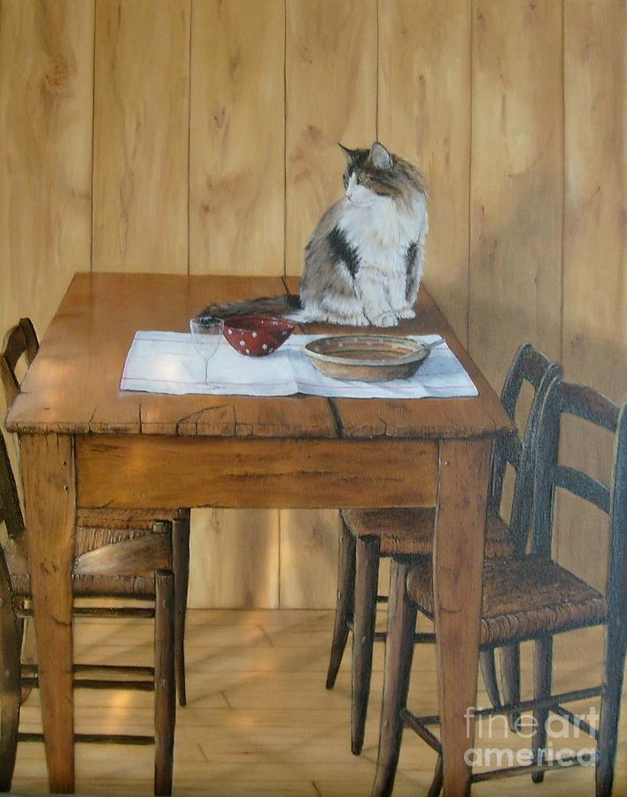 Cat Painting - Dinner for one by Gilles Delage