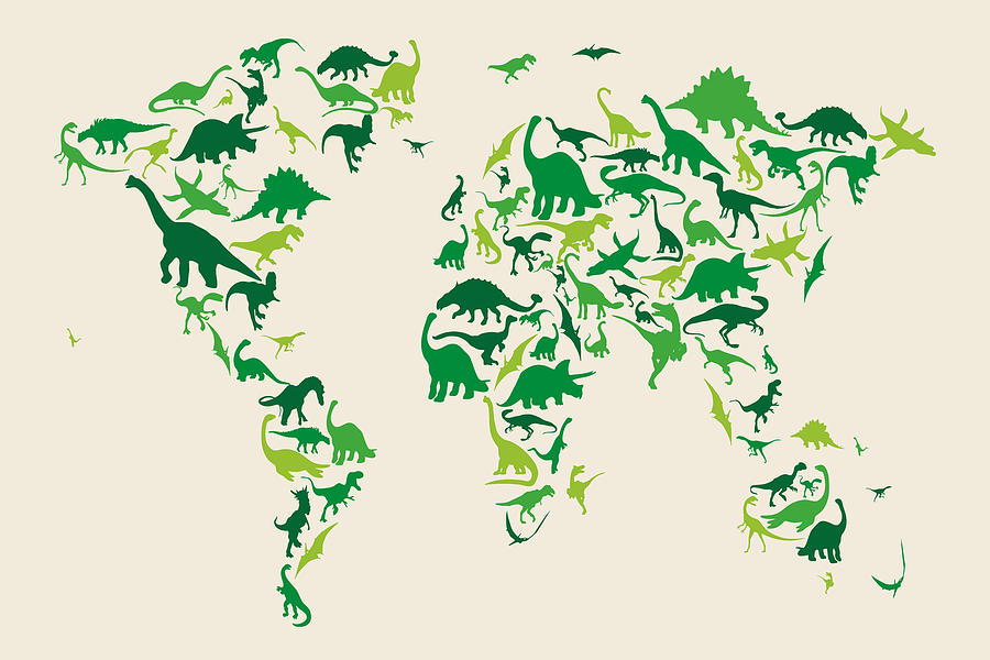 Dinosaur Digital Art - Dinosaur Map of the World Map #2 by Michael Tompsett