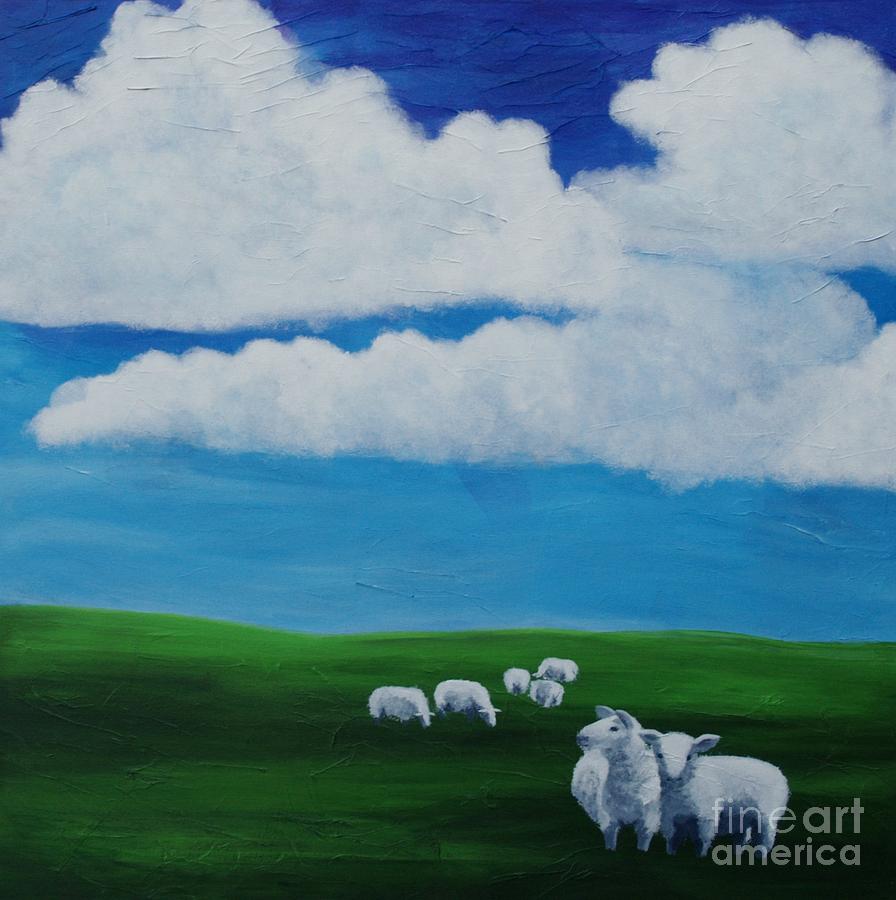 Sheep Painting - Dotted landscape #2 by Lisbet Damgaard
