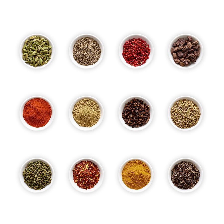 Dried Spices In Small Bowls 2 By Science Photo Library